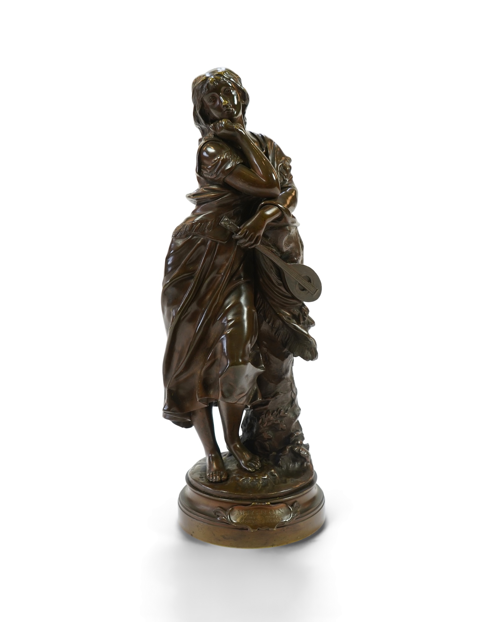 Adrien Etienne Gaudez (1845-1902), ‘Mignon’, a patinated bronze figure of peasant girl with a mandolin